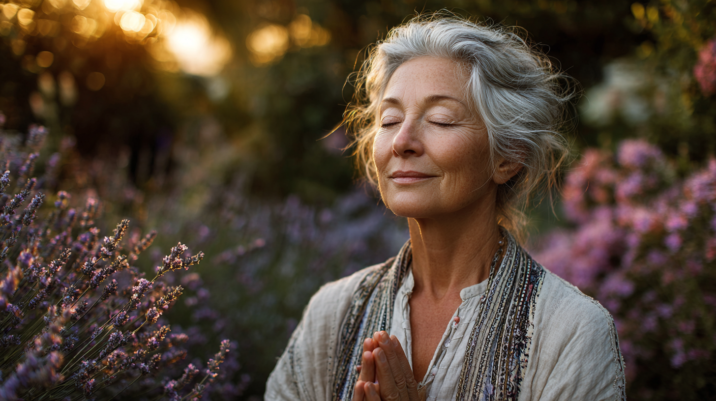 Grup de persoane mature practicând yoga în natură