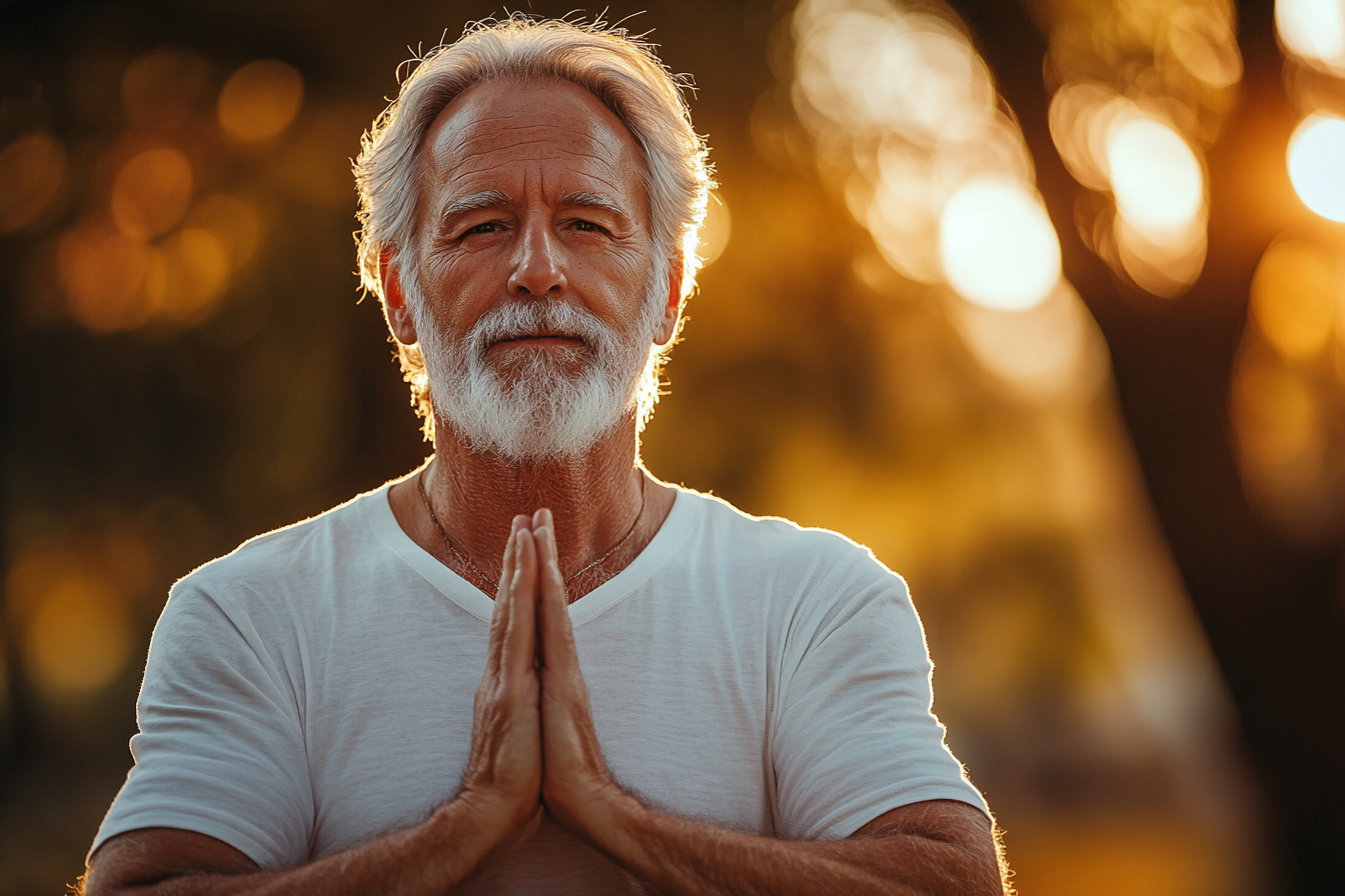 Instructoare de yoga maturăs demonstrând pozițiile în natură